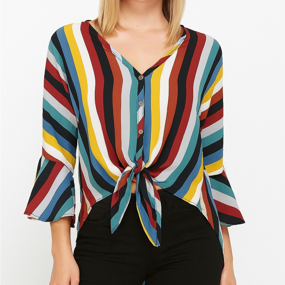 Altar'd State Black and White Tie Front 3/4 Sleeve Blouse | Size M